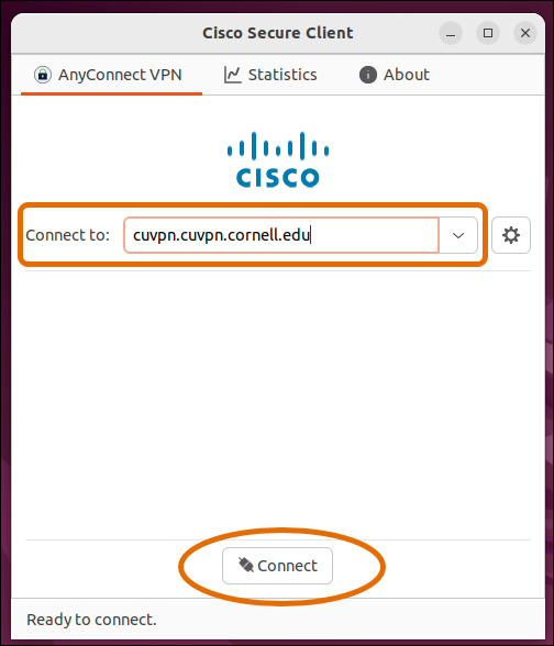 Linux CUVPN window with correct vpn address selected and "connect" button circled.